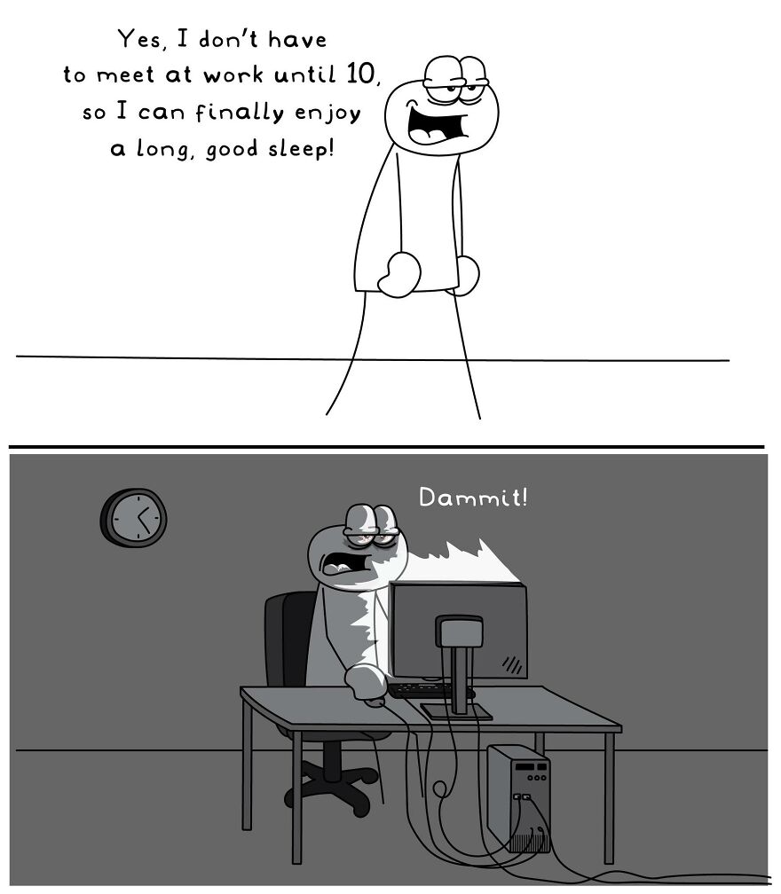 Comic illustrating a relatable everyday life situation about struggling to get long, good sleep before work.