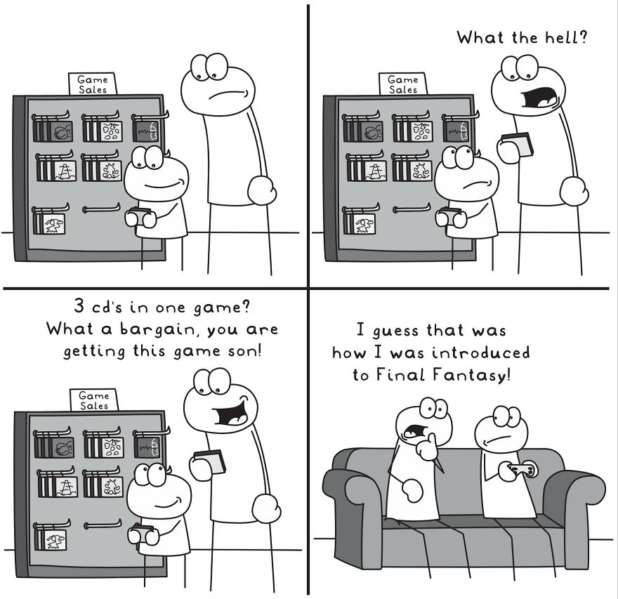 Comic strip illustrating funny and relatable everyday life situations about a father and son discussing video game sales and Final Fantasy.