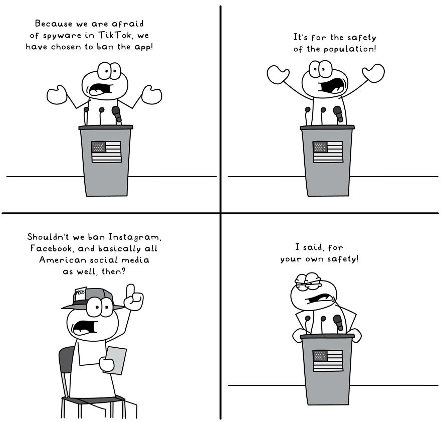 Funny and relatable comic illustrating everyday life situations about banning social media apps for safety concerns.