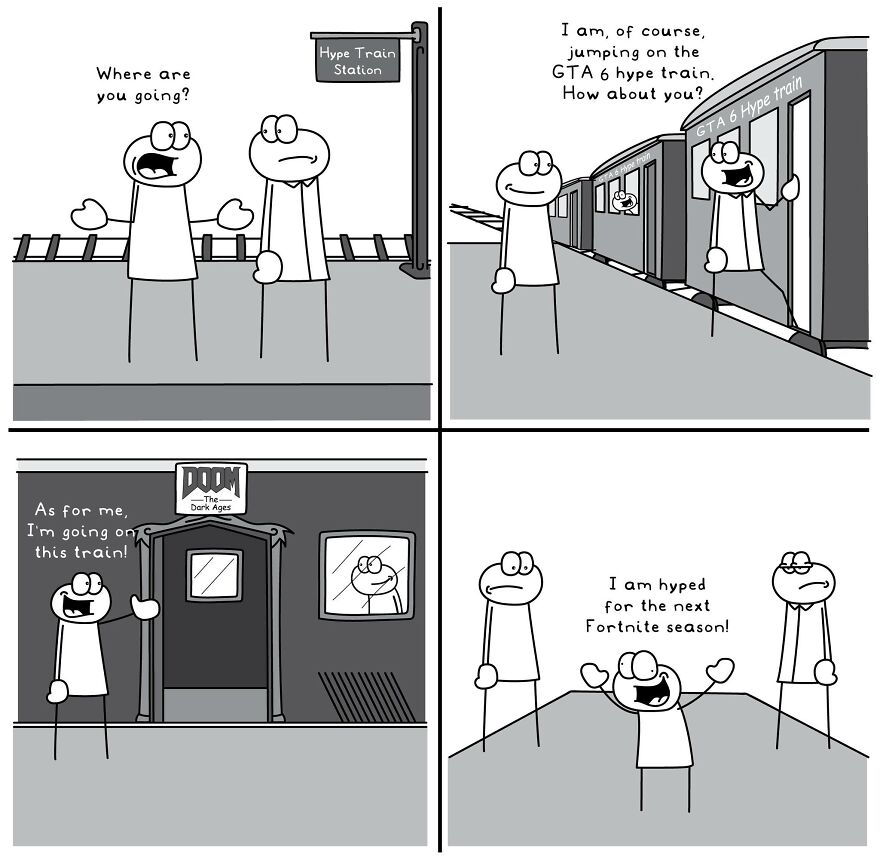 Four-panel comic illustrating funny and relatable everyday life situations with characters discussing different "trains" and excitement.