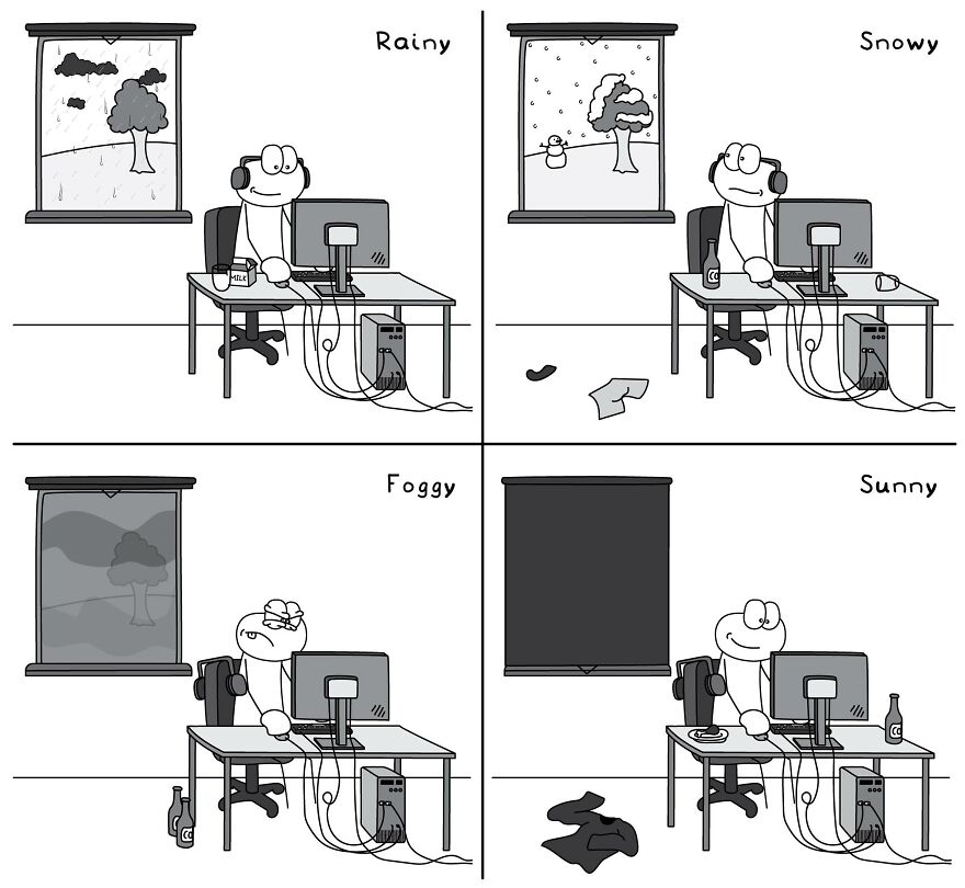 Black and white comic showing everyday life situations of a person working indoors during rainy, snowy, foggy, and sunny weather.