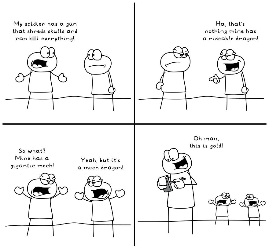 Black and white funny and relatable comic illustrating random everyday life situations with characters debating fantasy game gear.