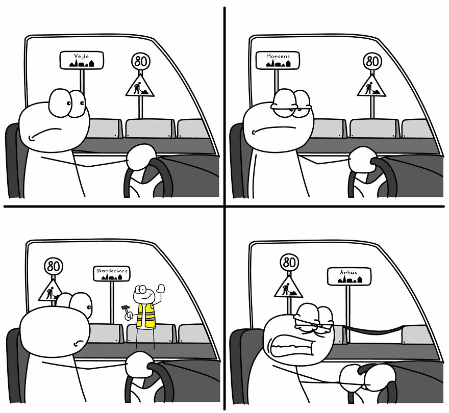Cartoon comic shows a relatable everyday life situation of a driver encountering towns and road signs while frustrated.
