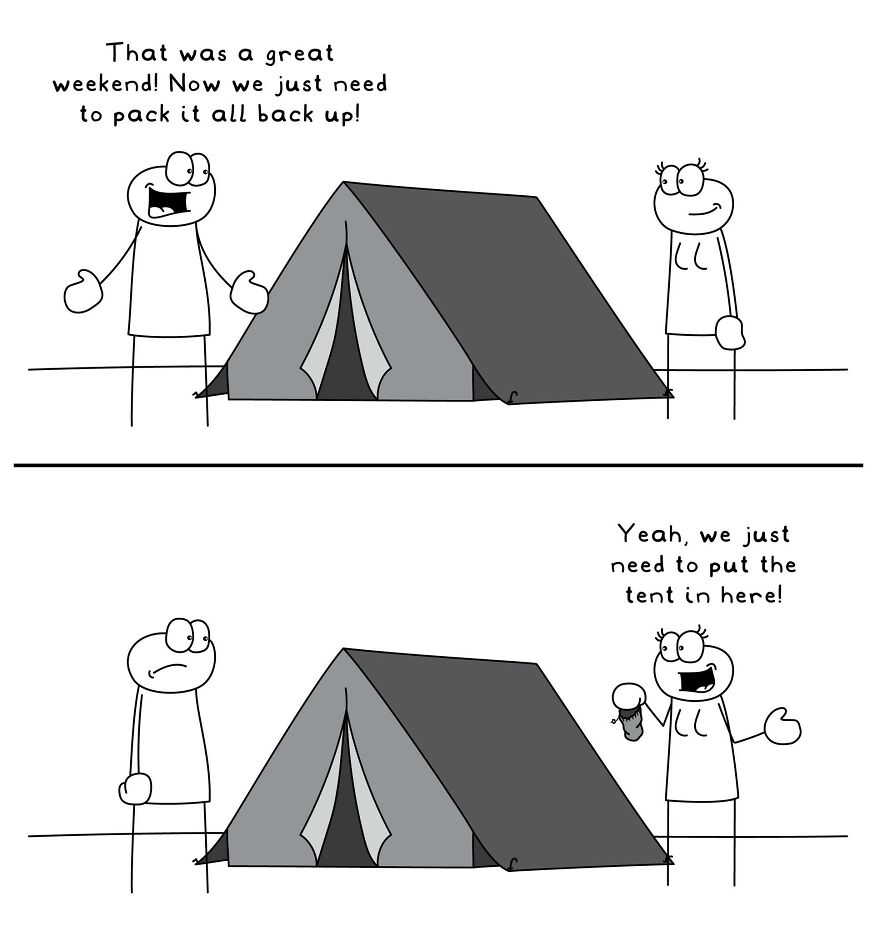 Funny and relatable comics showing a couple discussing packing up a tent after a great weekend camping trip.