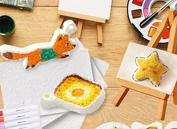 Crafting kits with felt art supplies including paint, markers, and small easels for creative DIY projects at home.