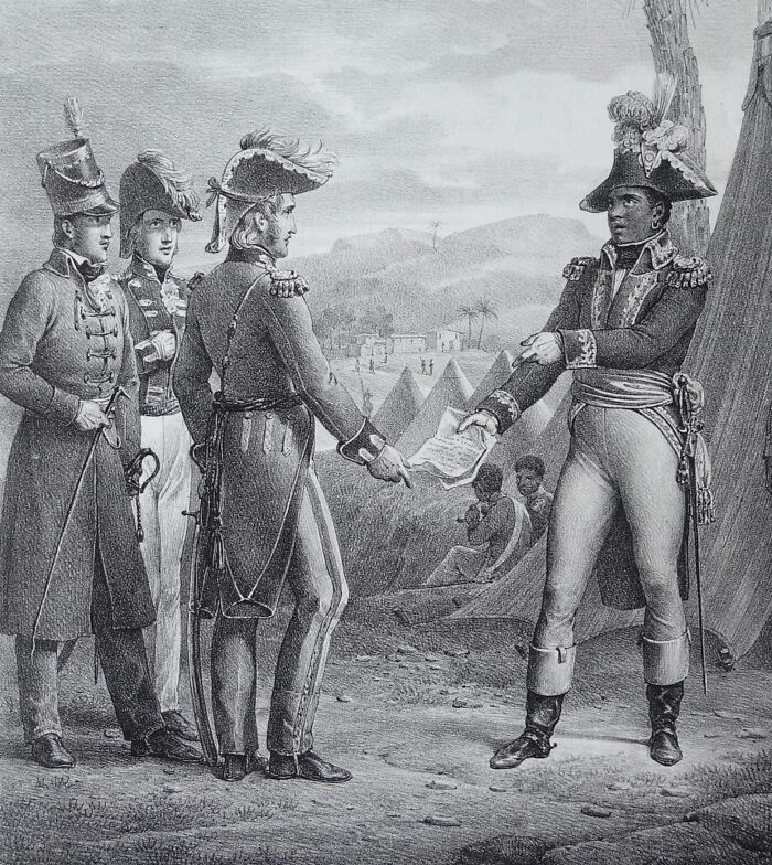Historical depiction of African American military history showing soldiers in period uniforms exchanging documents outdoors.