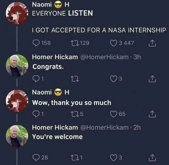 Twitter exchange showing an absurd internet lie about a NASA internship with humorous replies mocking the claim.