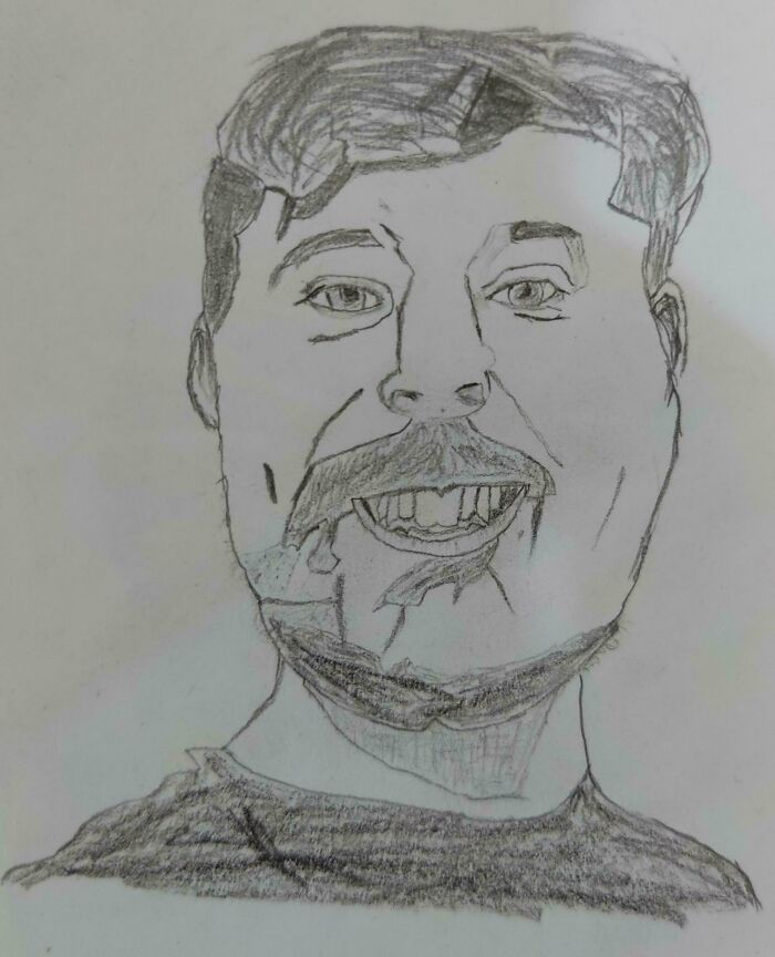 Pencil sketch of a smiling man’s face with exaggerated features, representing internet lies humorously.