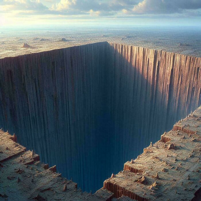 Massive square abyss in barren landscape illustrating absurd internet lies humor by 66 people.