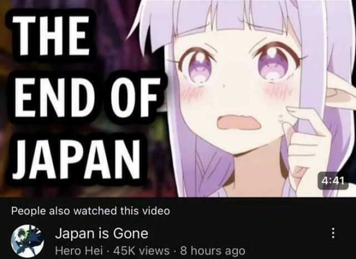 Anime character with purple hair looking shocked beside text about absurd internet lies on Japan disappearing.