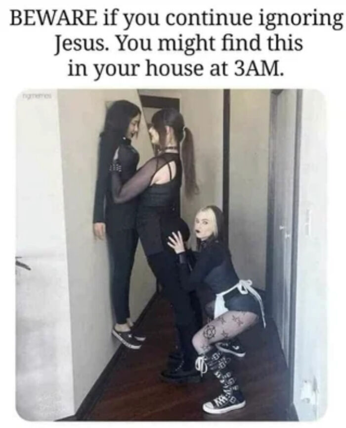 Three women dressed in black pose humorously in a narrow hallway, illustrating absurd internet lies humor.