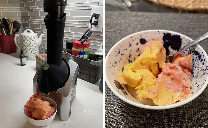 Kitchen appliance making frozen fruit sorbet in a bowl, a refreshing summer treat to fight summer annoyances.