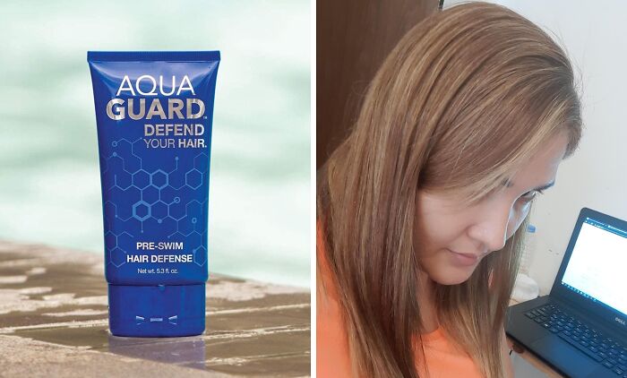 Blue Aqua Guard pre-swim hair defense product on a wet surface, woman focusing on laptop indoors combating summer annoyances.
