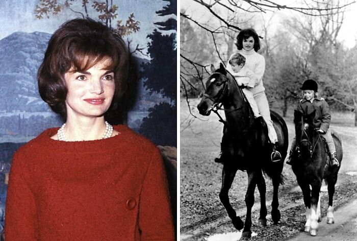 Woman in a red coat and pearl necklace alongside a vintage black and white photo of a mother and children riding horses, remarkable mothers