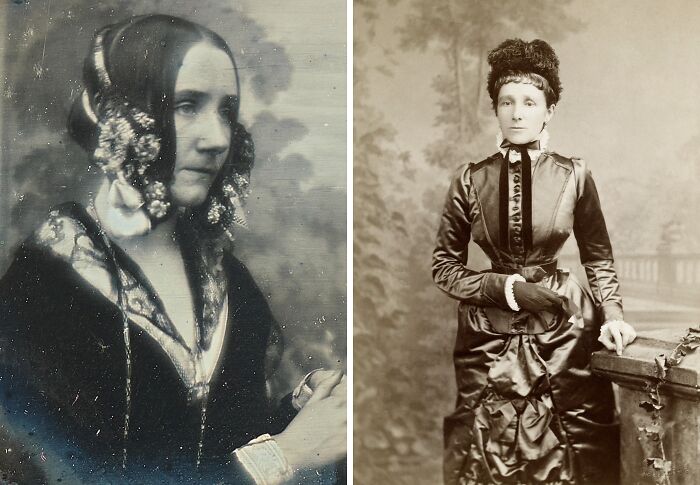 Two vintage portraits of remarkable mothers who shaped history, dressed in 19th-century attire with serious expressions.