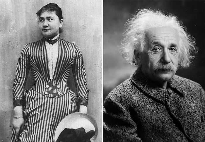 Black and white portraits of two remarkable mothers who shaped the world, one in Victorian dress and Albert Einstein in a gray coat.