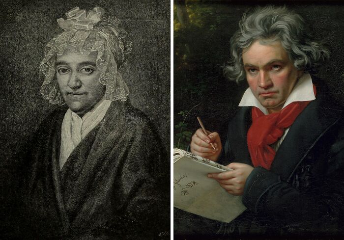 Engraved portrait of a remarkable mother in historical attire alongside a painting of a composer writing music notes.