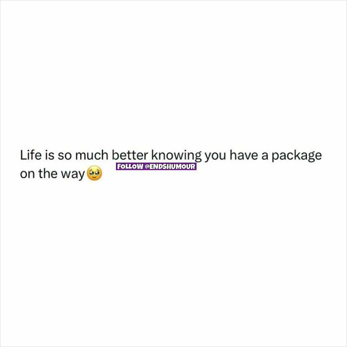 Text post with a humorous message about life being better with a package on the way, related to Ends Humour content.