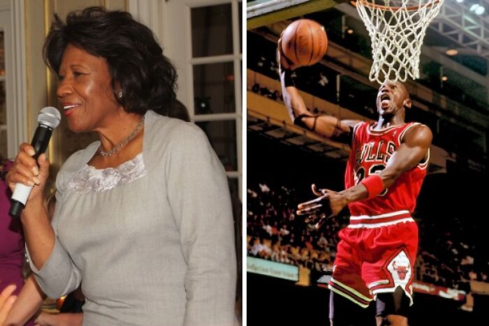 Woman speaking into a microphone and basketball player mid-air during a slam dunk, highlighting remarkable mothers influence.