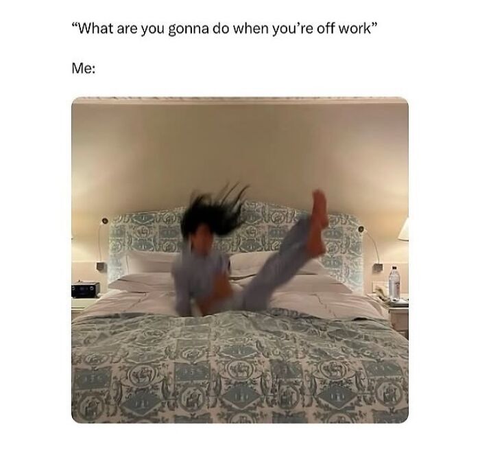 Person in pajamas jumping energetically on a bed, capturing a funny moment for circle of idiots memes.