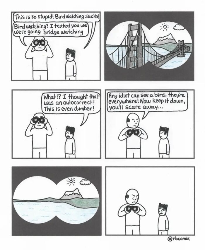 Comic strip by Rustedboot Comics showing two characters debating birdwatching with binocular views of a bridge and landscape, dark humor style.
