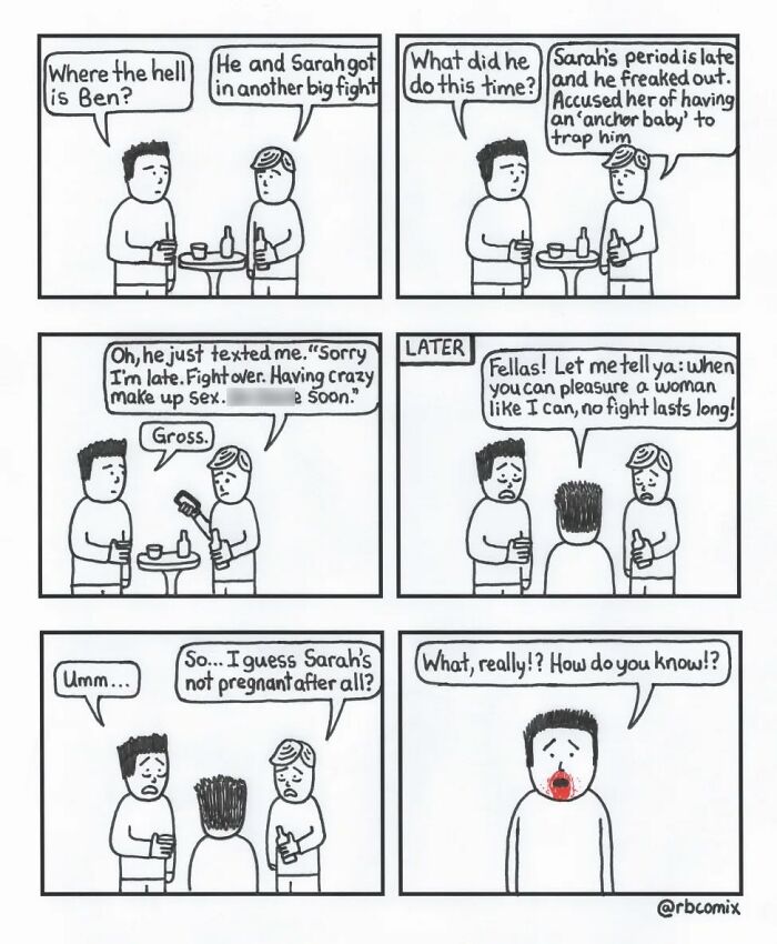 Black and white Rustedboot Comics panel showing dark humor conversation between three men about relationship drama.