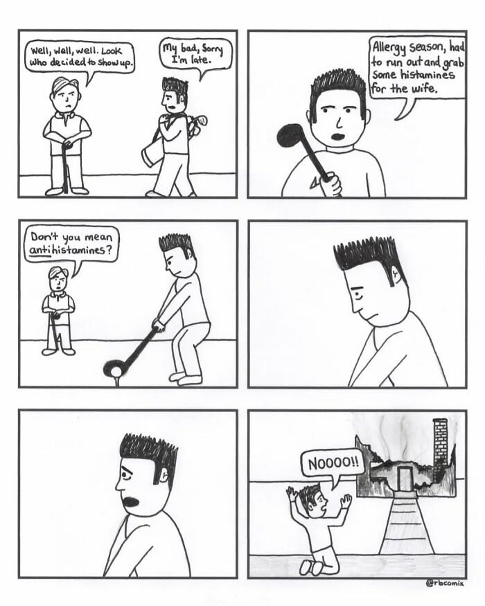 Black and white Rustedboot dark humor comic strip showing a man playing golf and reacting to a tragic fire.