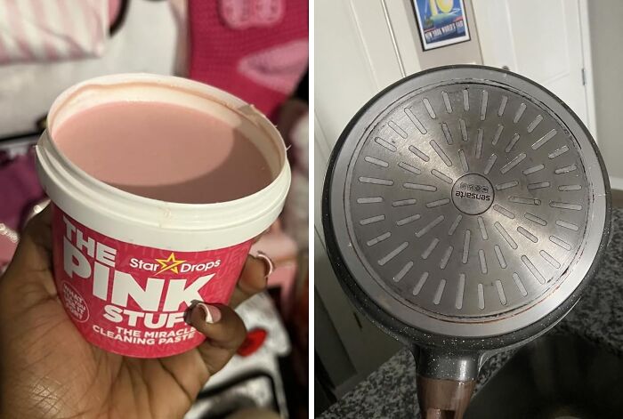 Hand holding a tub of pink cleaning paste next to a nonstick frying pan, popular best-selling kitchen items.