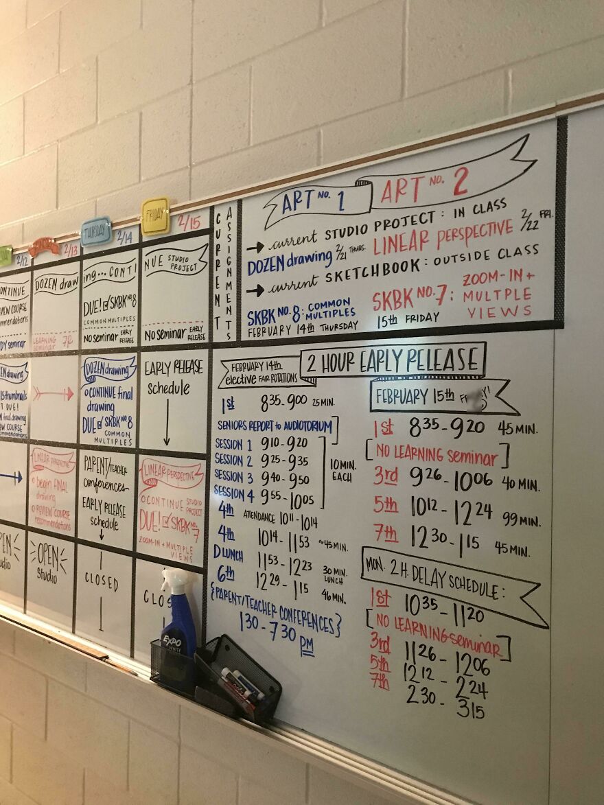 Whiteboard filled with perfect handwriting examples showing detailed class schedules and assignments in colorful markers.