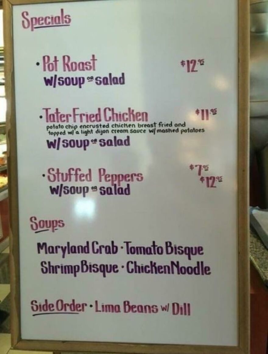 Restaurant specials menu board showing handwritten perfect handwriting examples with clear prices and dishes listed.