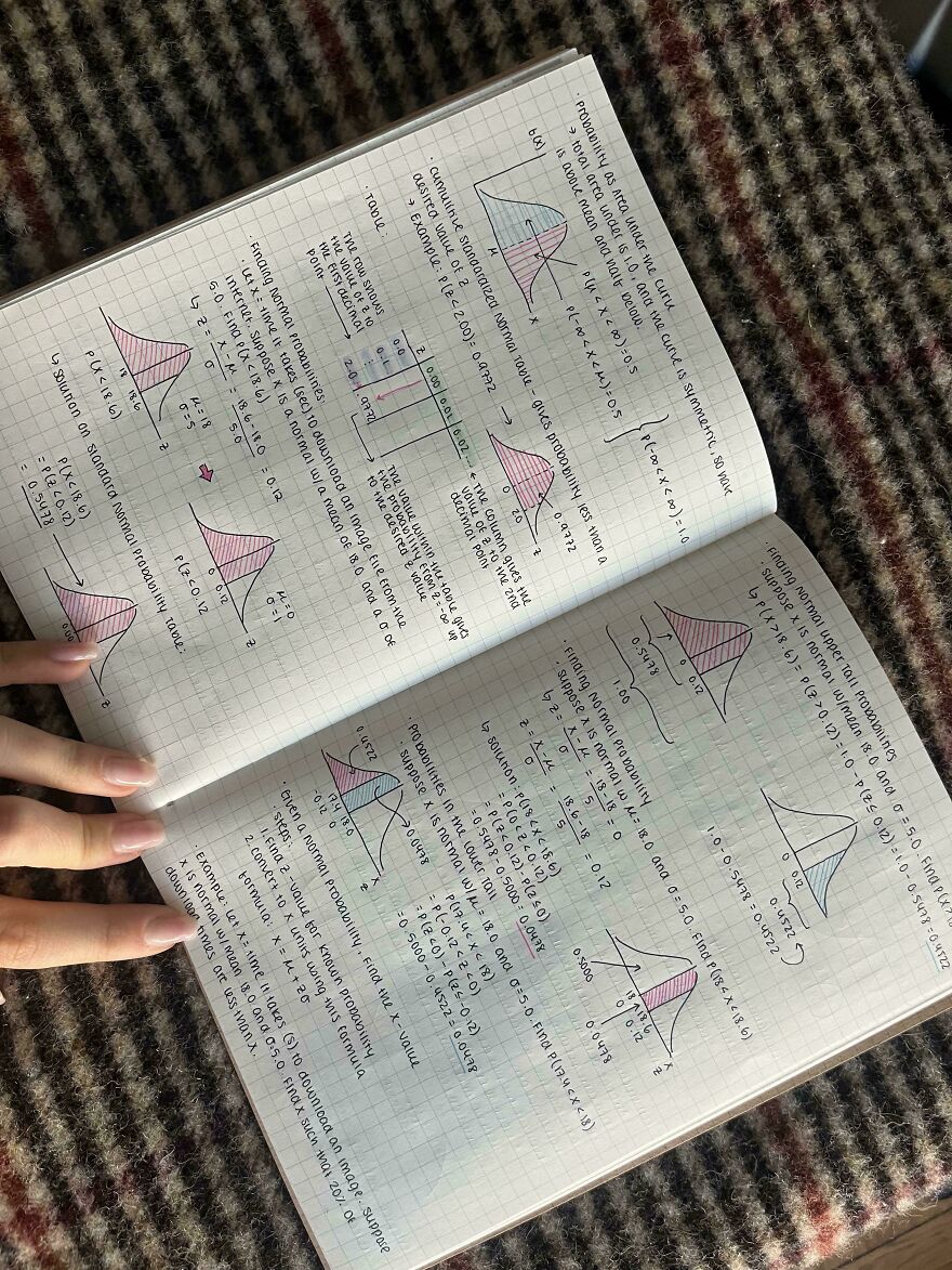 Notebook with perfect handwriting examples explaining probability concepts with clear graphs and neat, organized notes.