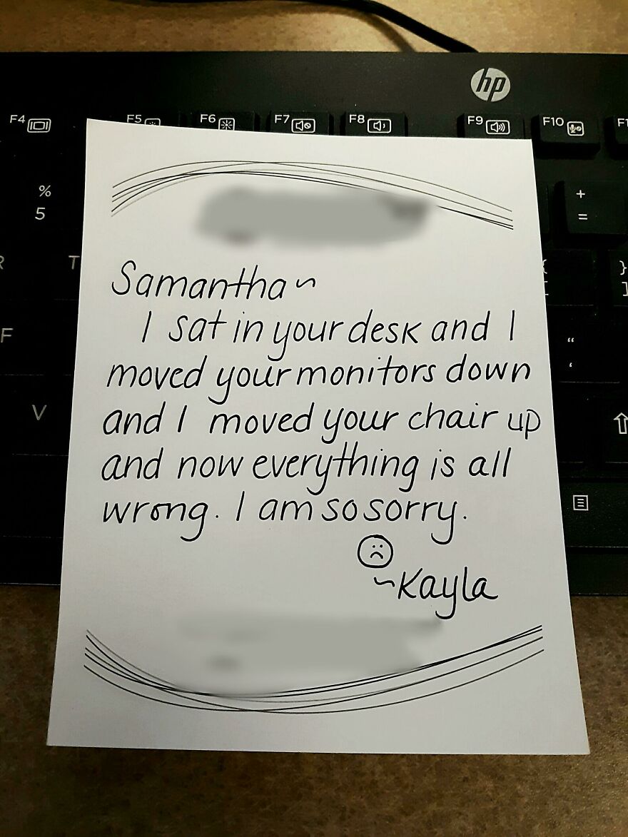 Note with perfect handwriting apologizing for moving desk items, showcasing an example of excellent handwriting.