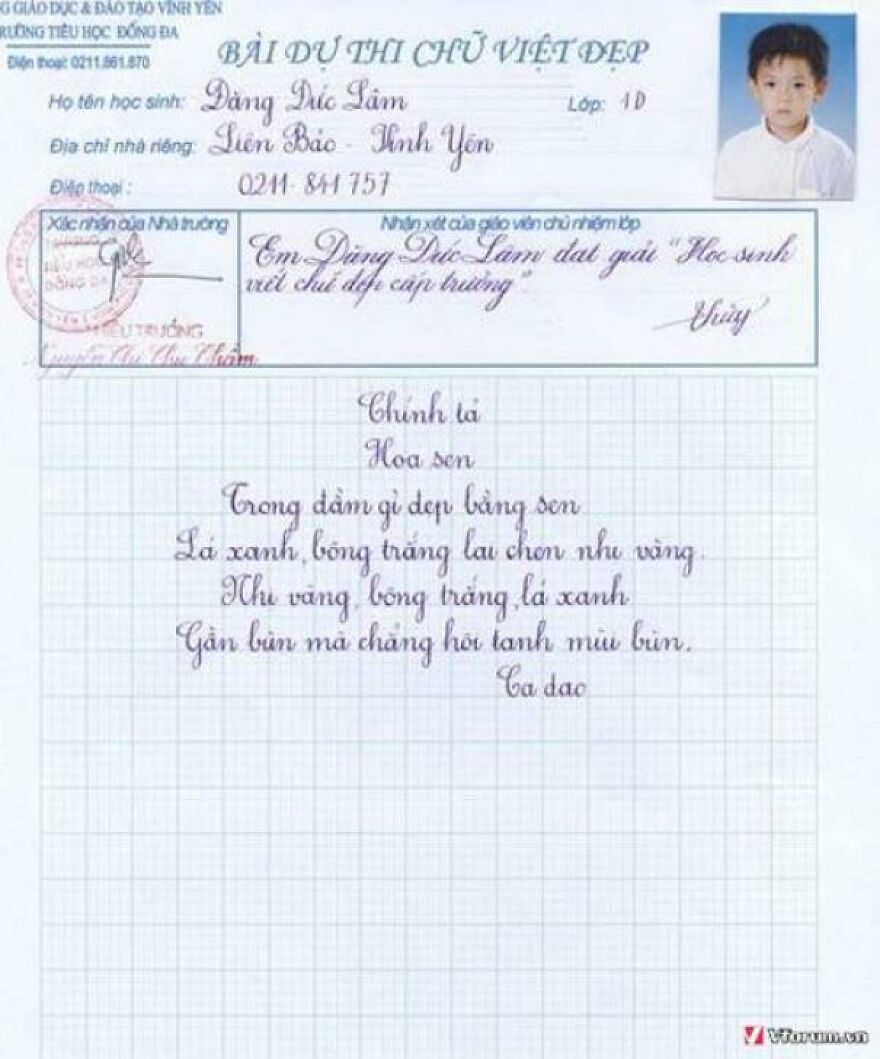 Handwritten Vietnamese poem example showing perfect handwriting with neat and elegant penmanship on grid paper.
