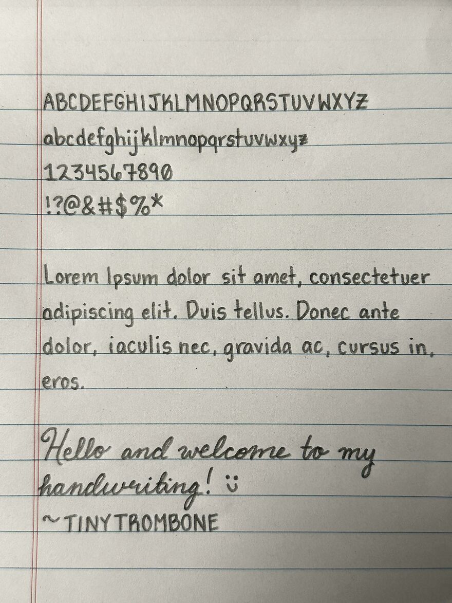 Neatly written alphabet, numbers, symbols, and a short paragraph showcasing perfect handwriting examples on lined paper.