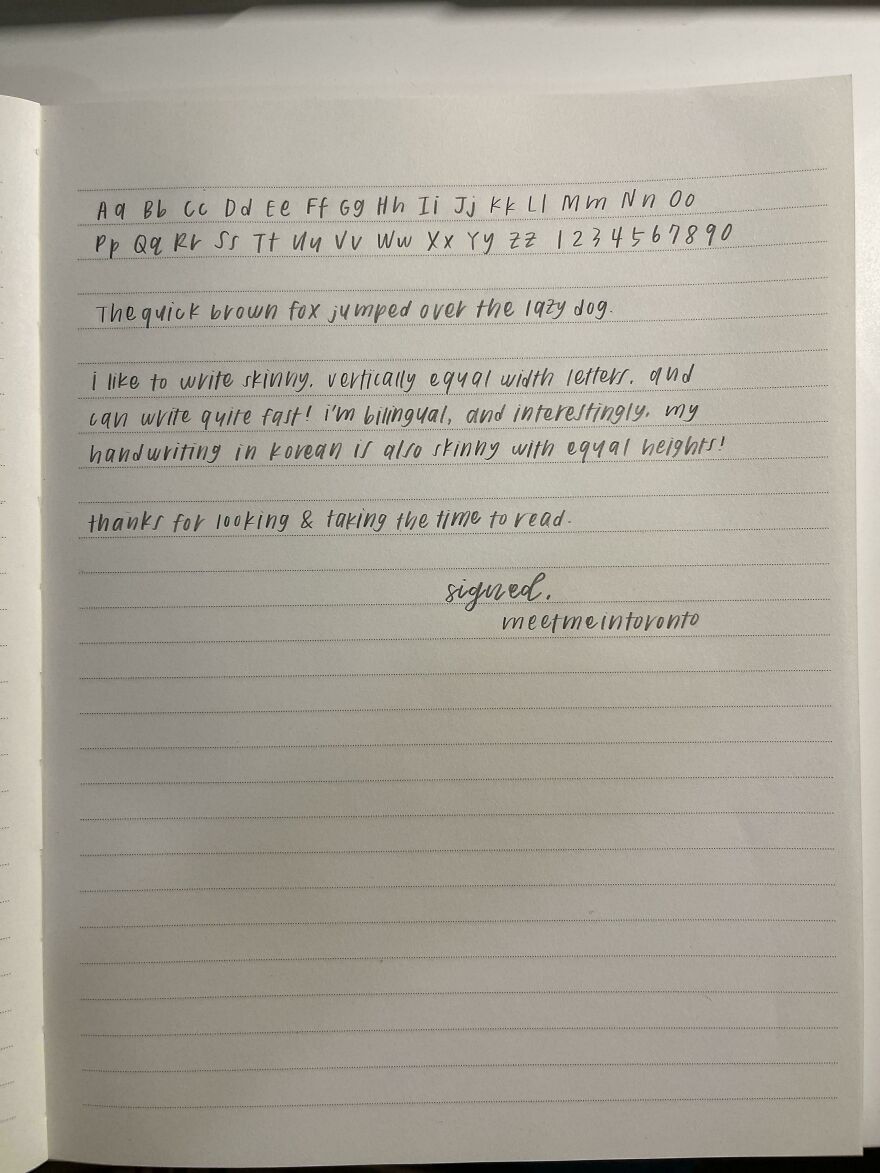 Handwriting example showing neat, skinny, and vertically equal letters with both uppercase, lowercase, and numbers in notebook lines.
