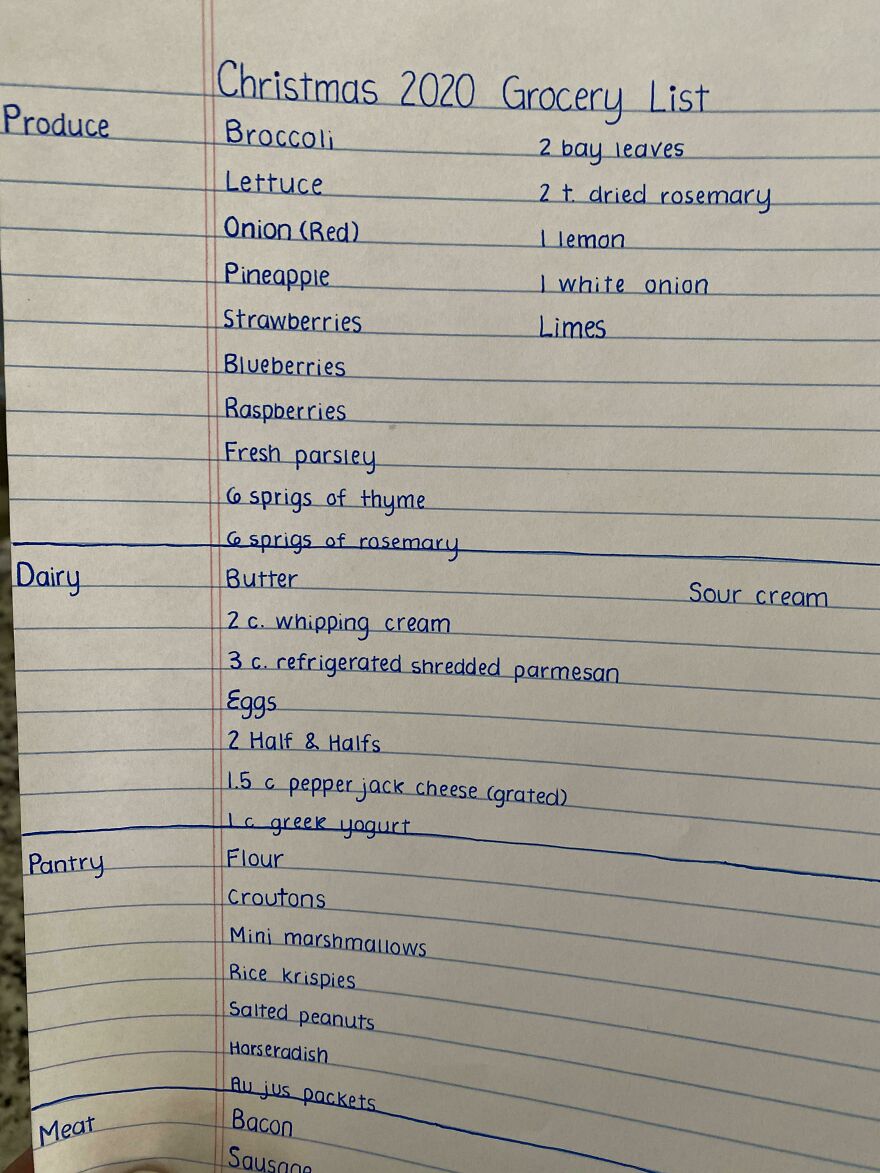 Neatly handwritten Christmas 2020 grocery list showing perfect handwriting examples in clear blue ink on lined paper.