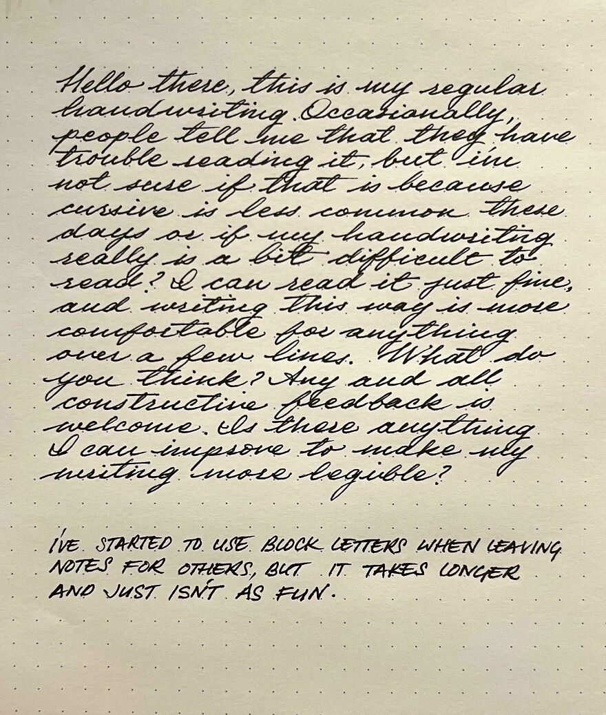 Handwritten cursive text on dotted paper showing a perfect handwriting example with clear, legible script.