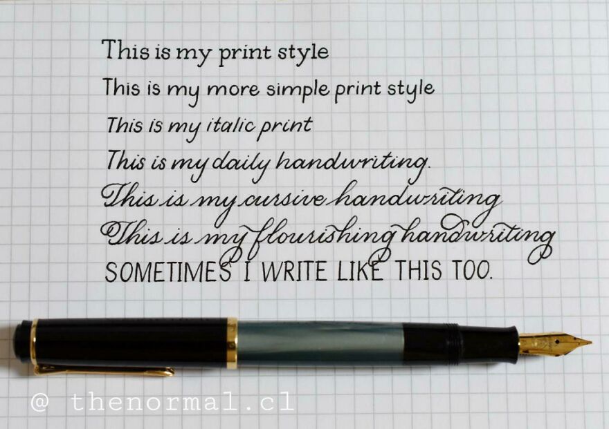 Examples of perfect handwriting styles including print, italic, cursive, and flourishing script on grid paper with a fountain pen.