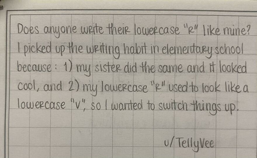 Handwriting example showing neat, perfect lowercase r style on graph paper with clear and consistent penmanship.