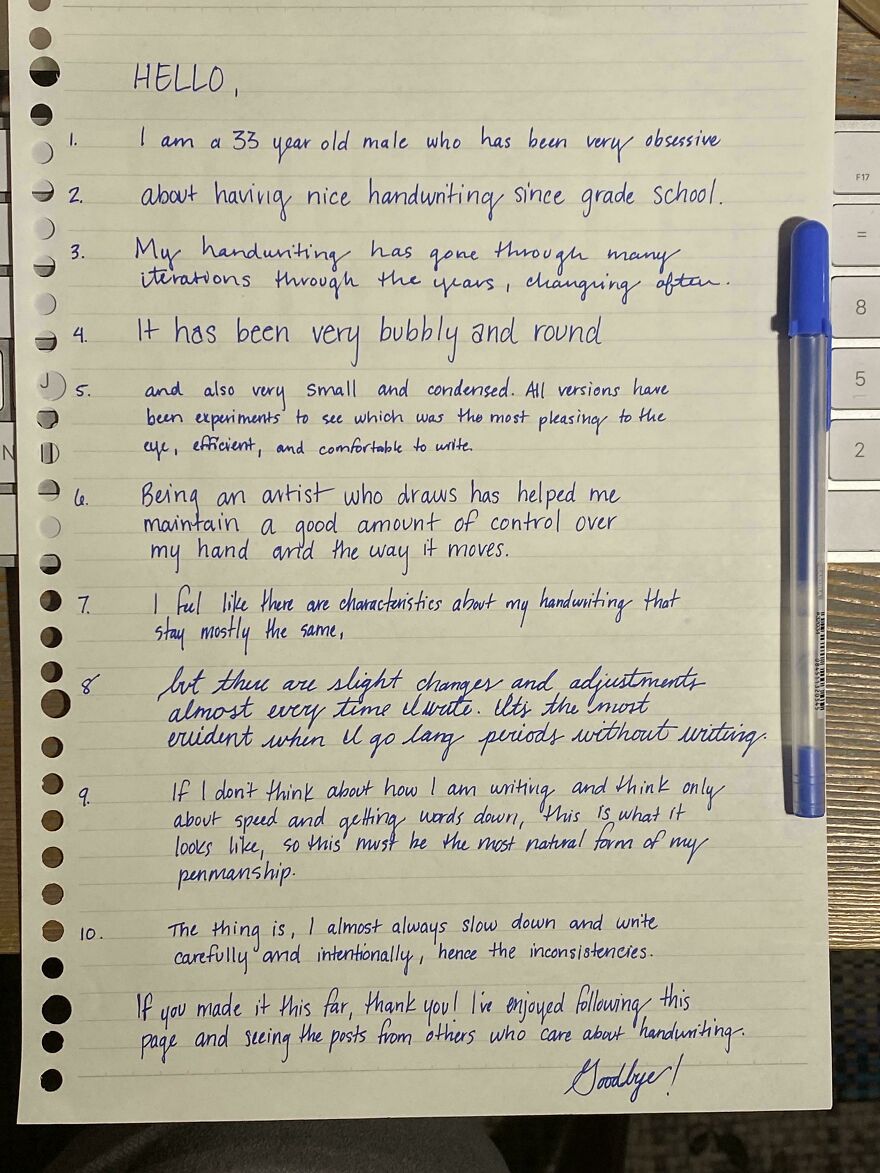 Handwritten note on lined paper showcasing perfect handwriting examples with neat, consistent, and artistic penmanship style.
