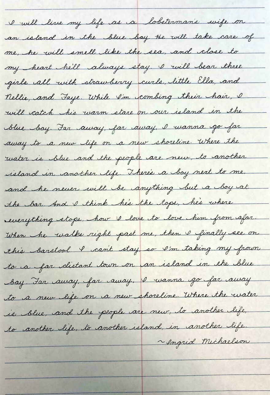 Neatly handwritten text on lined paper showcasing perfect handwriting examples with clear and consistent cursive style.
