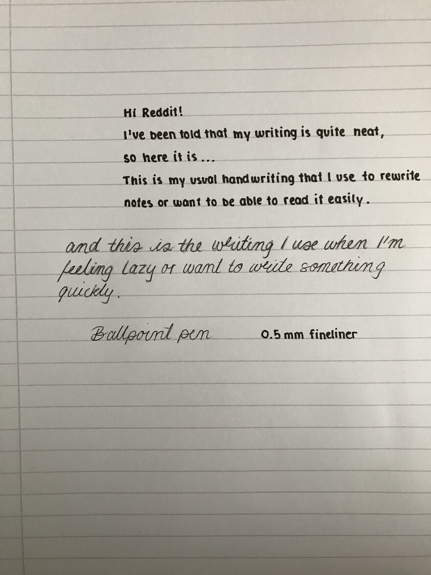 Neat handwriting examples showing contrast between usual neat writing and quick lazy cursive with ballpoint pen and fineliner.