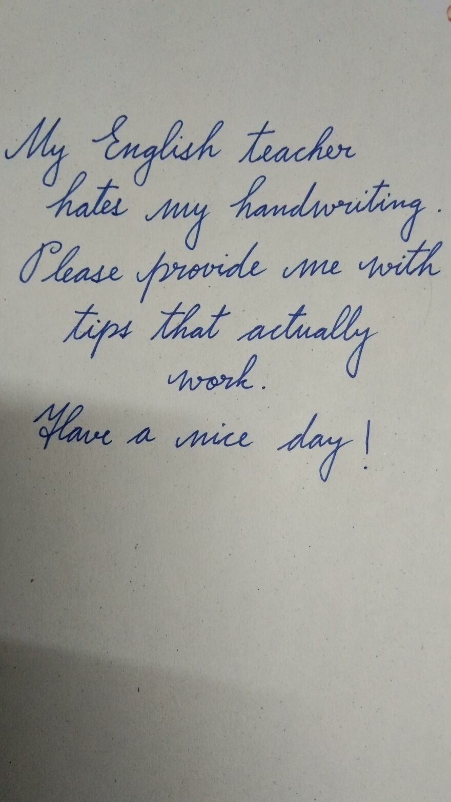 Handwritten note on paper asking for tips to improve handwriting, showcasing an example of handwriting.