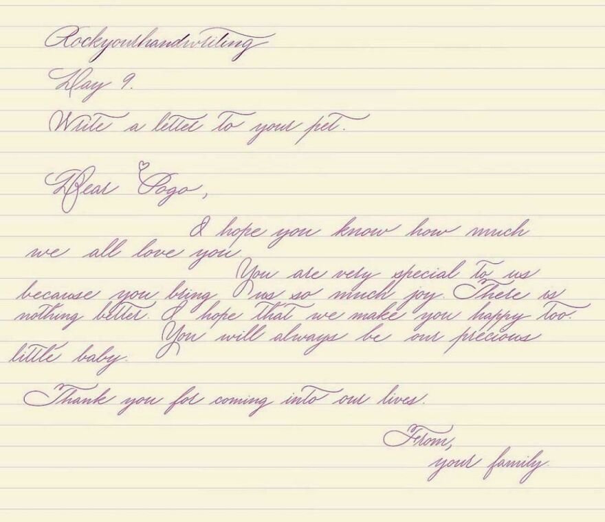 Handwriting example of a heartfelt letter on lined paper showing perfect cursive penmanship and neat script style.