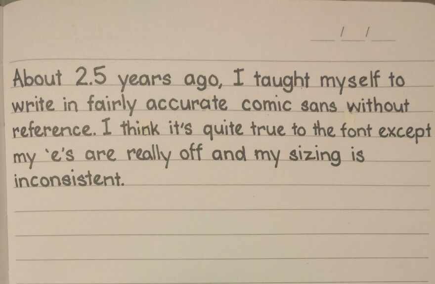 Handwriting example showing neat, comic sans style text written clearly on lined paper, perfect handwriting example.