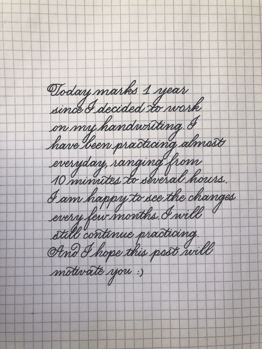Neatly written perfect handwriting example on graph paper showcasing consistent cursive style and practice progress.