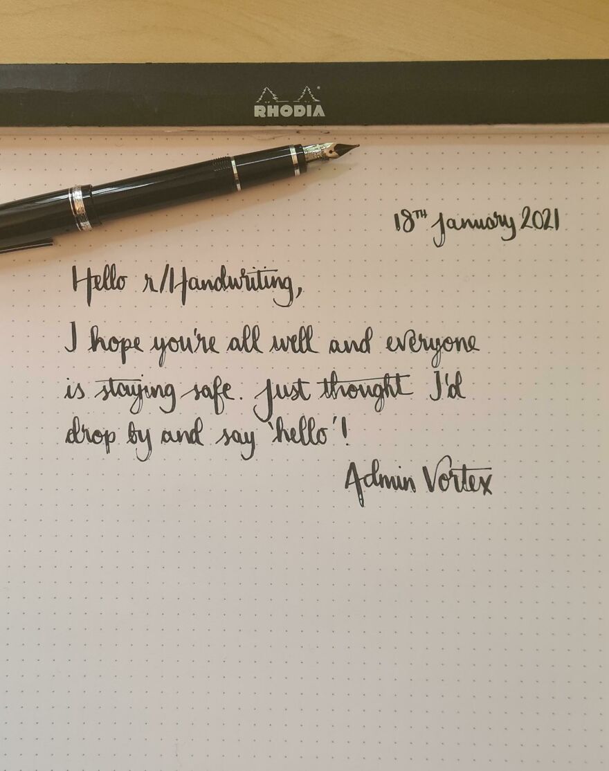 Fountain pen resting on Rhodia paper with perfect handwriting examples dated 18th January 2021.