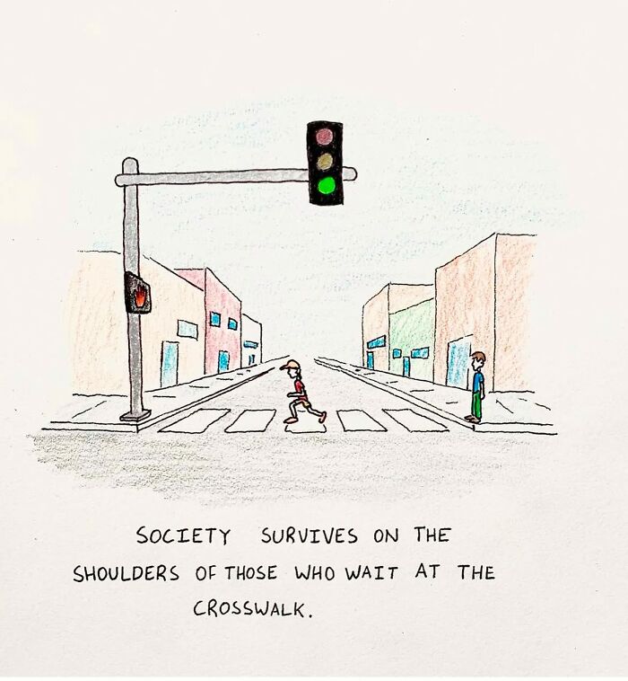 Cartoonist’s daily comics showing a street scene with a pedestrian crossing and a green traffic light.