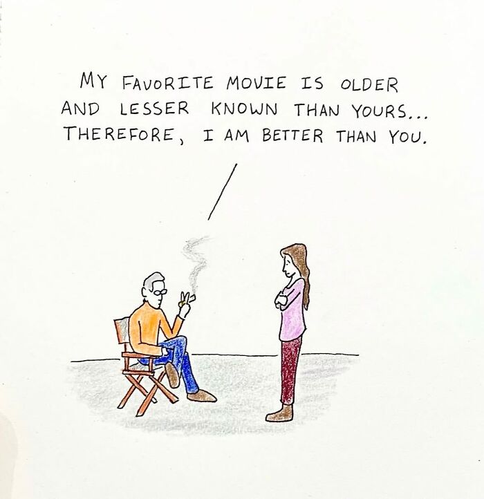 Cartoonist's daily comic shows a man claiming his older, lesser known movie makes him better than another person.