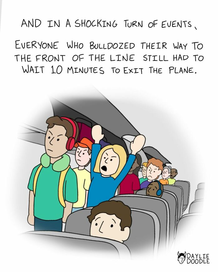 Cartoonist’s daily comic showing passengers annoyed while waiting to exit a plane, highlighting relatable travel frustrations.